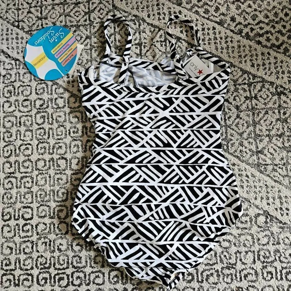 Swim Solutions Geo Print Crossover-Front One-Piece Swimsuit Size 8 in Black and - Picture 3 of 7